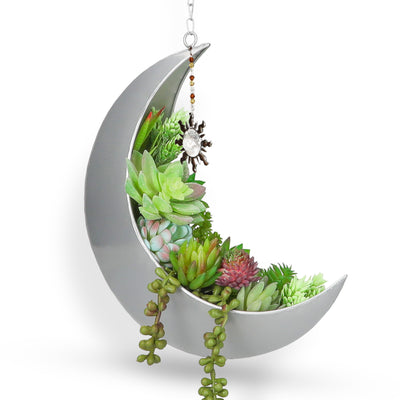 Hanging Moon Planter- Silver- Moon Room Decor - Crescent Moon Planter Oakadoaks