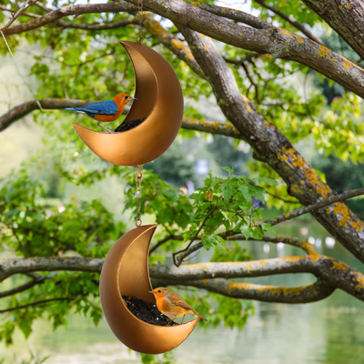 Double 9" Hanging Moon Bird Feeders – Whimsical Celestial Fly-Through Outdoor Bird Feeder for Backyard Birding, Wild Bird Décor,Rustic Gold Oakadoaks