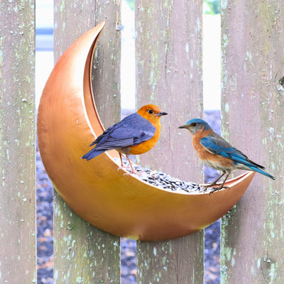 Fence & Tree Mounted Moon Bird Feeder – Cardinal, Squirrel Feeder, Rustic Gold Metal Wall Bird Feeder for Outdoors, Wild Bird Feeder for Bluebirds Oakadoaks