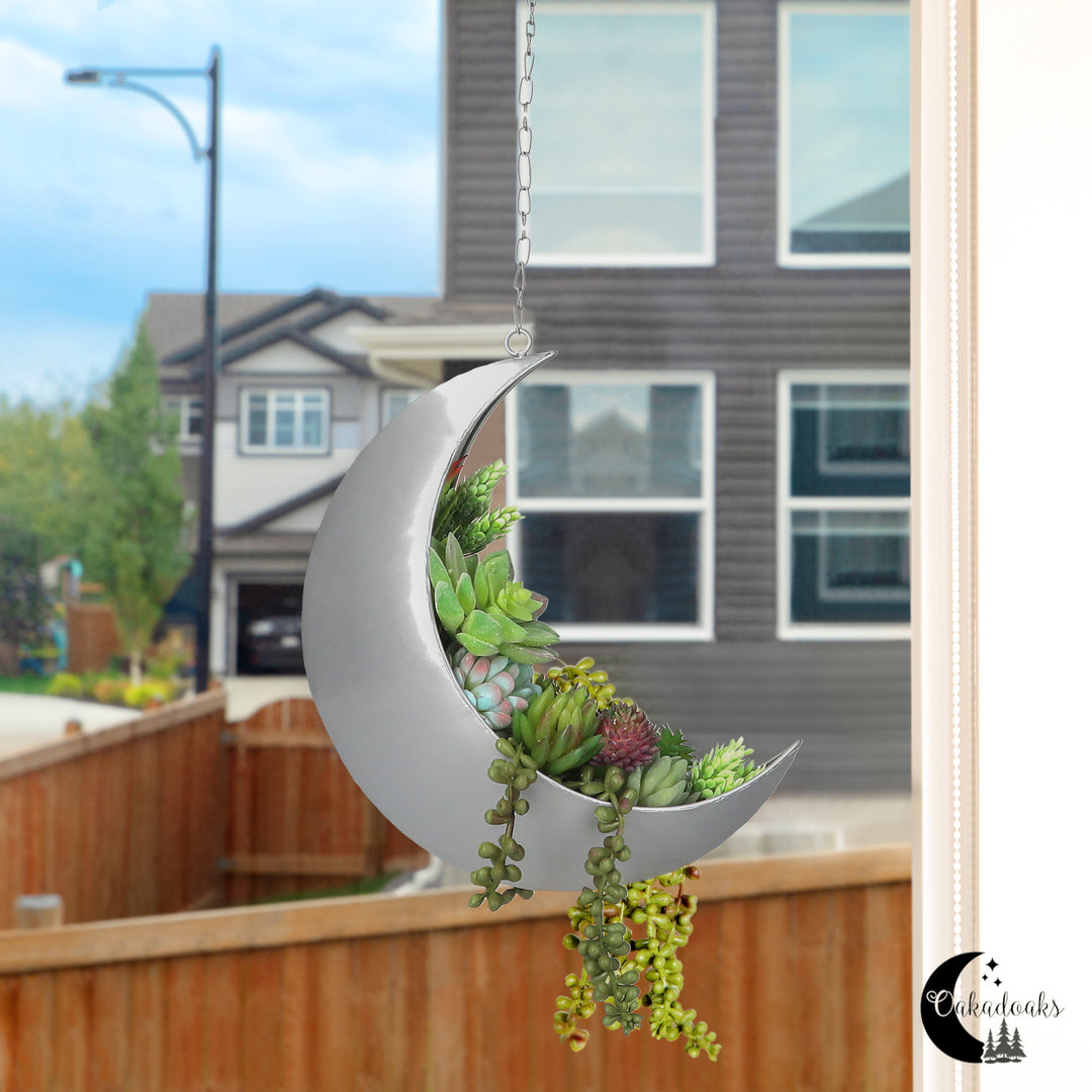 Hanging Moon Planter- Silver- Moon Room Decor - Crescent Moon