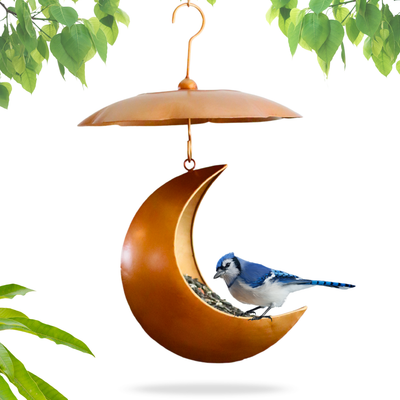 Lunar Bloom Moon Bird Feeder with Moon Flower Rain Dome – 9” Hanging Metal Feeder for Outdoors, Squirrel-Resistant, Antique Gold Oakadoaks