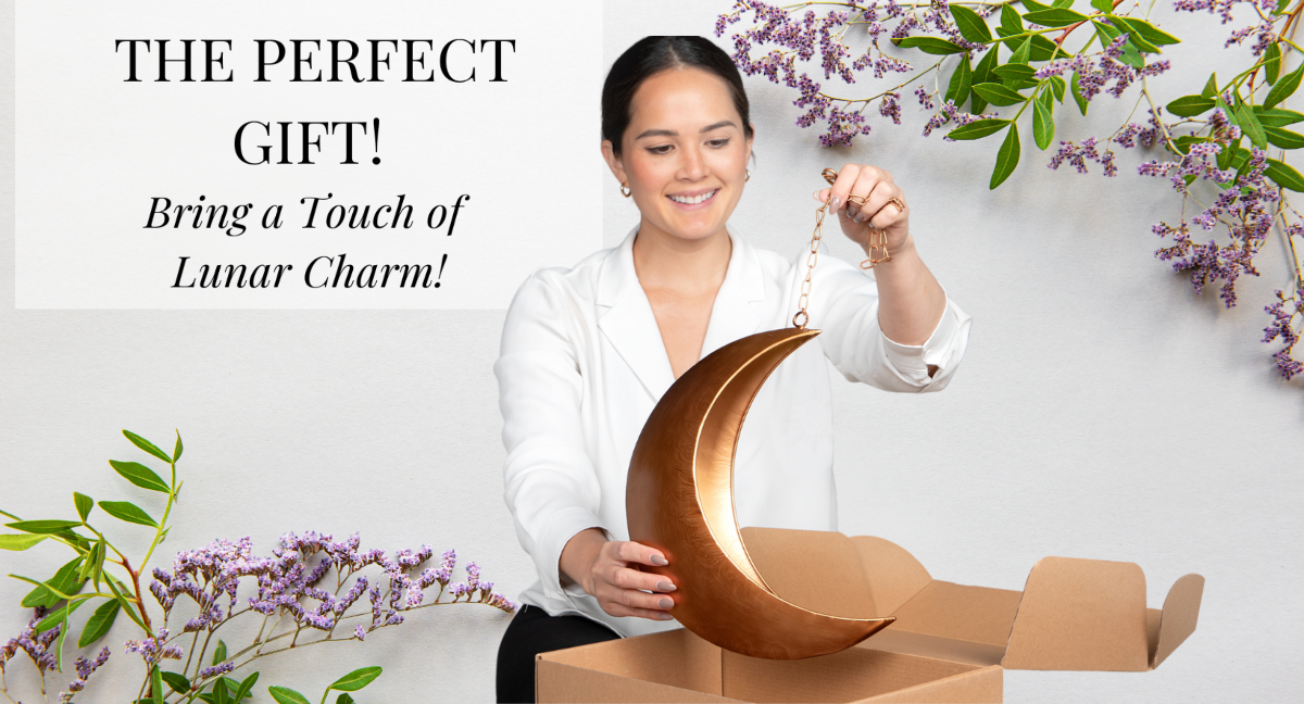 Woman holding a crescent moon-shaped planter with text about it being a perfect gift.
