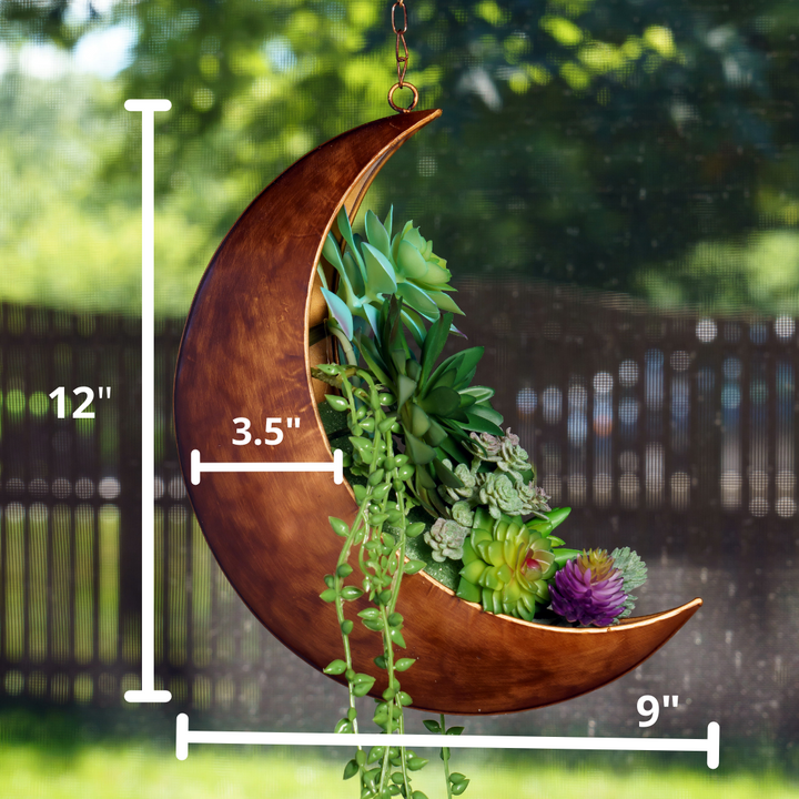 crescent hanging planter Hanging Moon Planter – 14Pcs Artificial Succulent Plants for Moon Room Decor – Bedroom, Bathroom, Nursery – 12” Boho Rustic Metal Planters-
