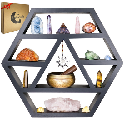 Hexagon Crystal Shelf Display - Large 21" Geometric Altar Shelf for Crystals - Table or Hanging Wood Hexagon Floating Shelves -Boho Crystal Display Shelf & Essential Oils - Spiritual Decor Gifts Oakadoaks